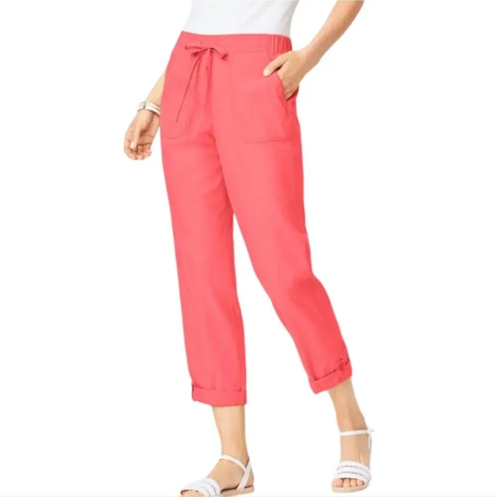 Talbots Drawstring Tie Waist Pull On‎ Khaki Button Detail Capri Pants Plus Sz 22